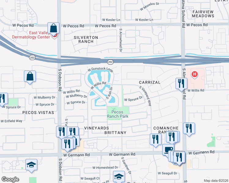 map of restaurants, bars, coffee shops, grocery stores, and more near 1619 South Sycamore Place in Chandler