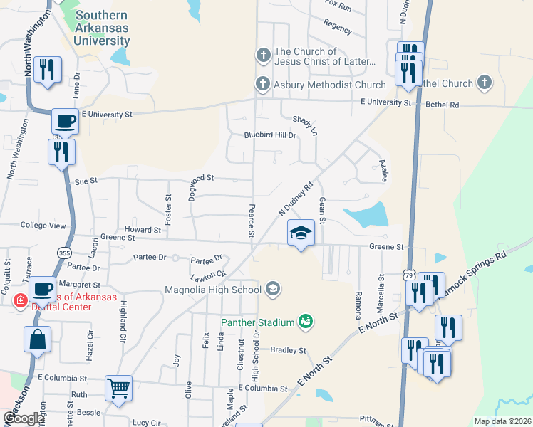 map of restaurants, bars, coffee shops, grocery stores, and more near 1804 Pearce Street in Magnolia