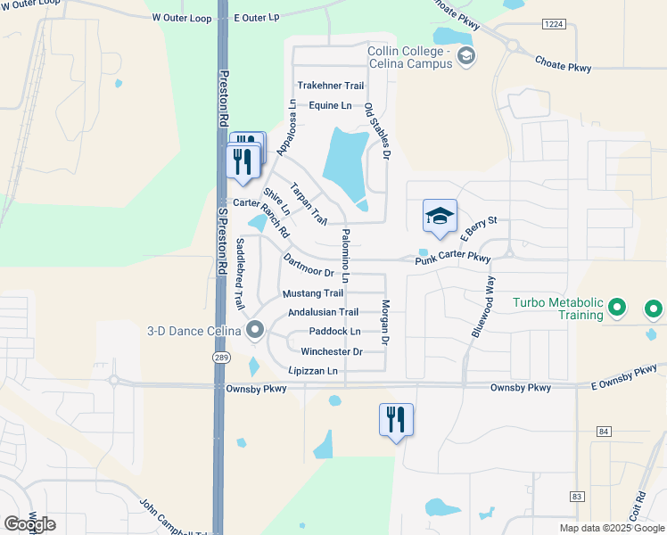 map of restaurants, bars, coffee shops, grocery stores, and more near 424 Dartmoor Drive in Celina
