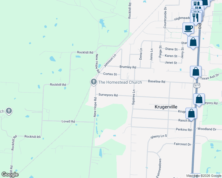 map of restaurants, bars, coffee shops, grocery stores, and more near 500 Surveyors Rd in Krugerville