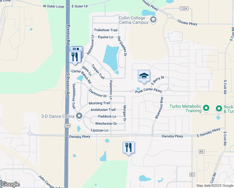 map of restaurants, bars, coffee shops, grocery stores, and more near 506 Dartmoor Drive in Celina
