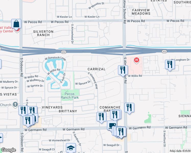map of restaurants, bars, coffee shops, grocery stores, and more near 1470 South Central Drive in Chandler