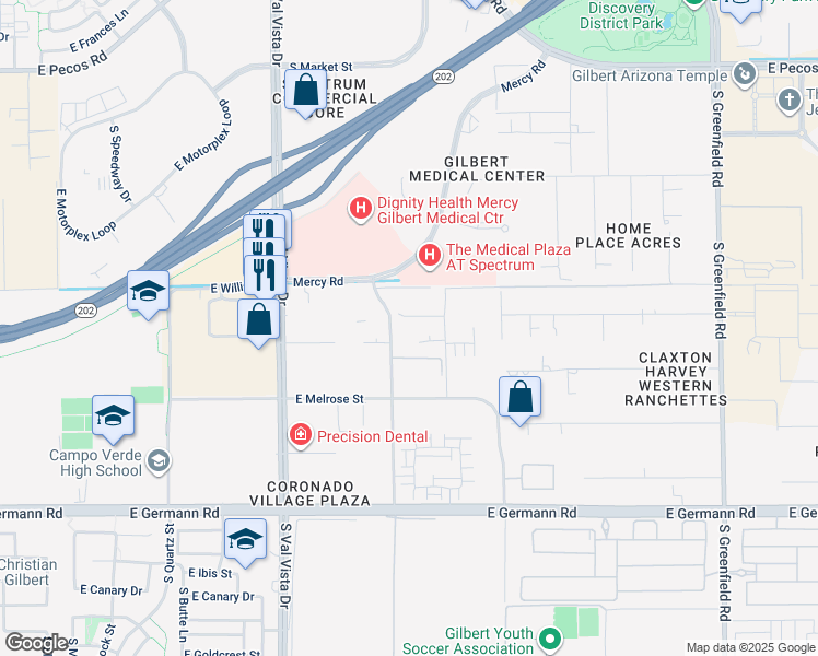 map of restaurants, bars, coffee shops, grocery stores, and more near 3675 South Rome Street in Gilbert