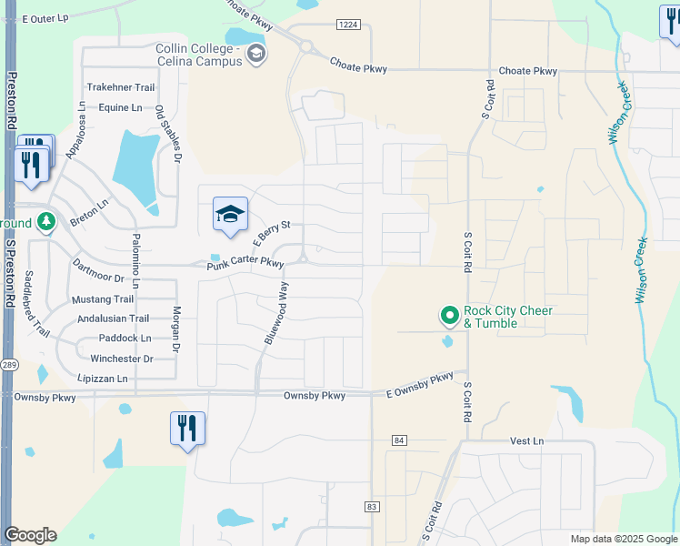 map of restaurants, bars, coffee shops, grocery stores, and more near 1104 Lawndale Street in Celina