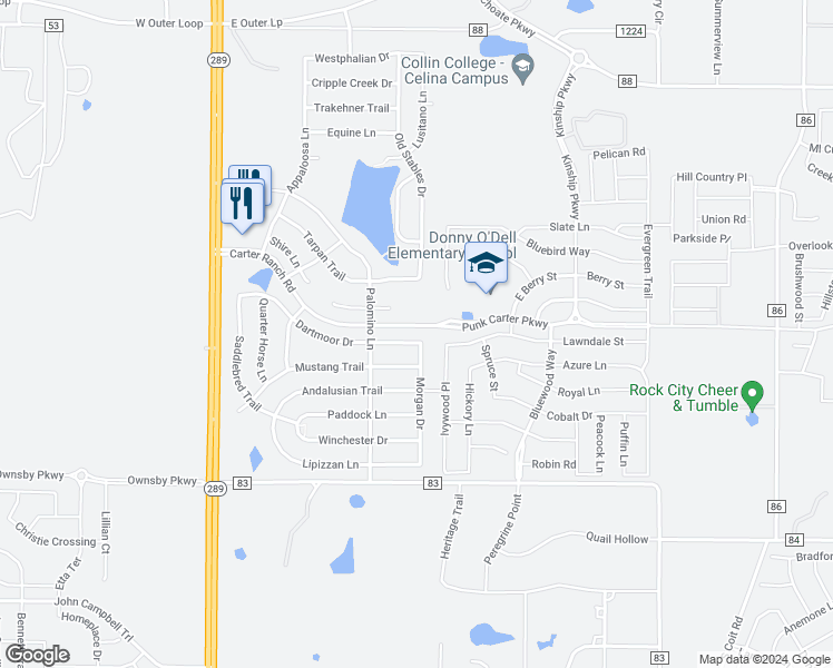 map of restaurants, bars, coffee shops, grocery stores, and more near 516 Dartmoor Drive in Celina