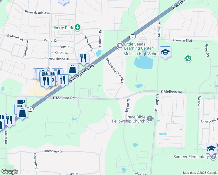 map of restaurants, bars, coffee shops, grocery stores, and more near 3003 Hickory Ridge in Melissa