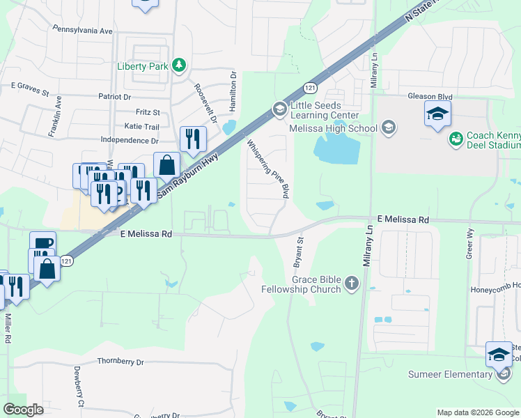map of restaurants, bars, coffee shops, grocery stores, and more near 3003 Hickory Ridge in Melissa