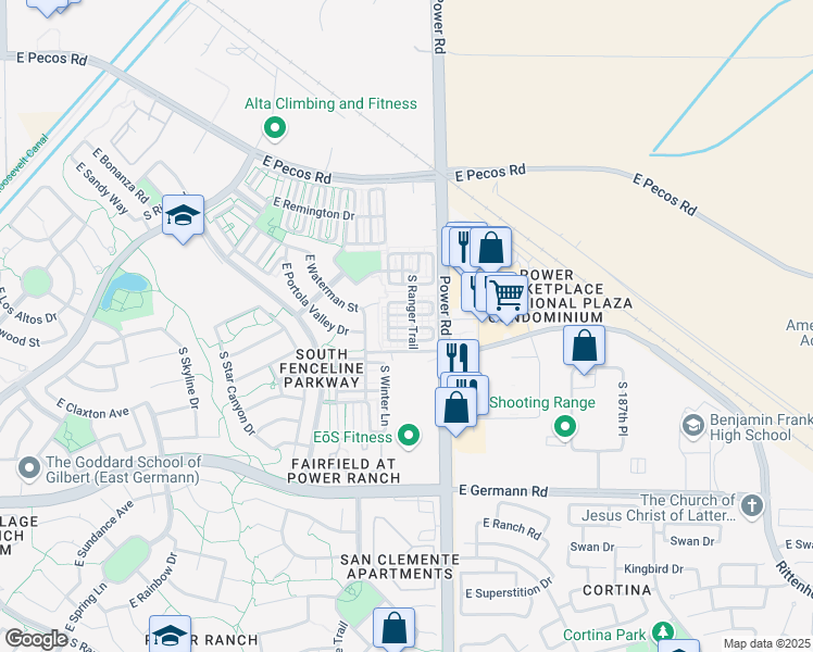 map of restaurants, bars, coffee shops, grocery stores, and more near 3708 South Winter Lane in Gilbert