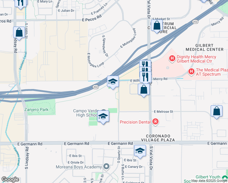 map of restaurants, bars, coffee shops, grocery stores, and more near 3680 S Quartz St in Gilbert