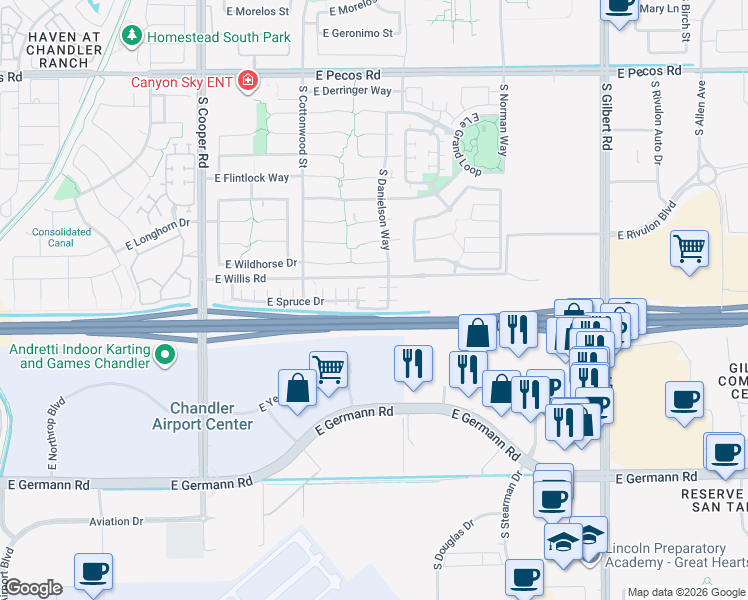 map of restaurants, bars, coffee shops, grocery stores, and more near 1562 South Danielson Way in Chandler