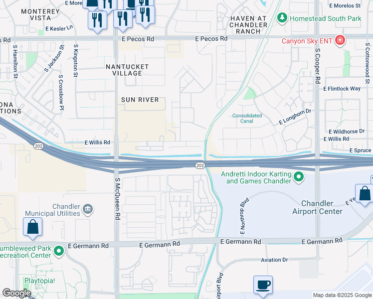 map of restaurants, bars, coffee shops, grocery stores, and more near 12339 East Willis Road in Chandler