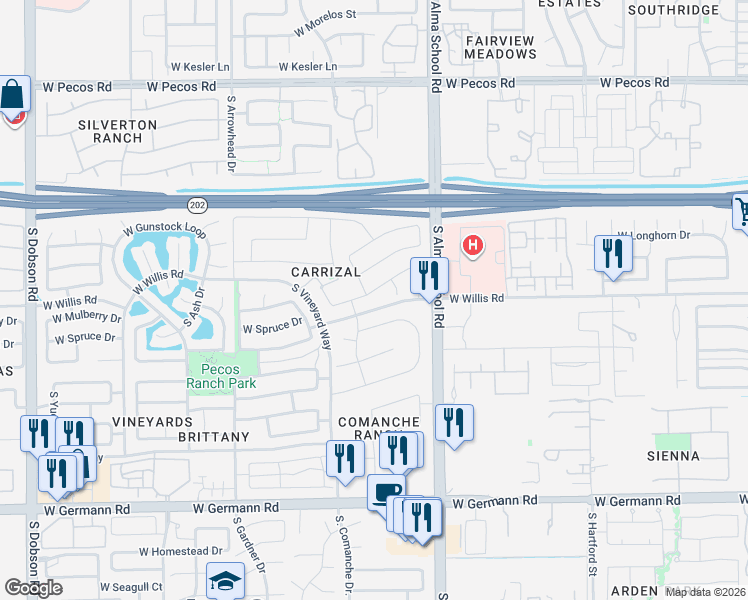 map of restaurants, bars, coffee shops, grocery stores, and more near 1472 South Chippewa Court in Chandler