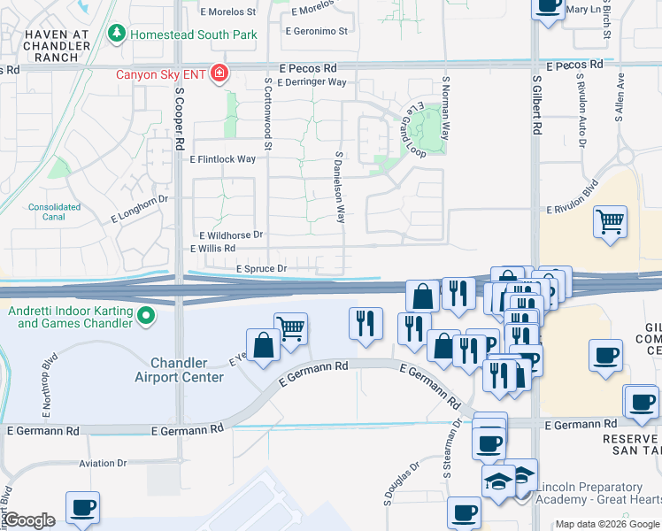 map of restaurants, bars, coffee shops, grocery stores, and more near 1562 South Danielson Way in Chandler