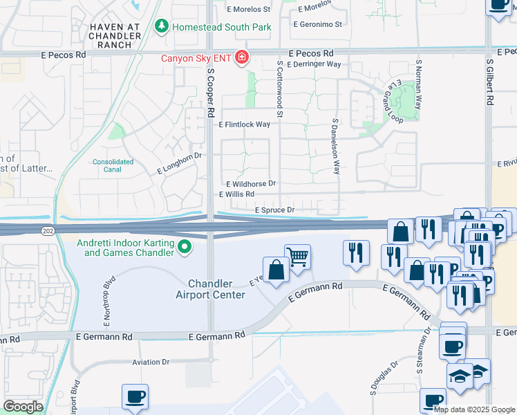 map of restaurants, bars, coffee shops, grocery stores, and more near 2158 East Spruce Drive in Chandler