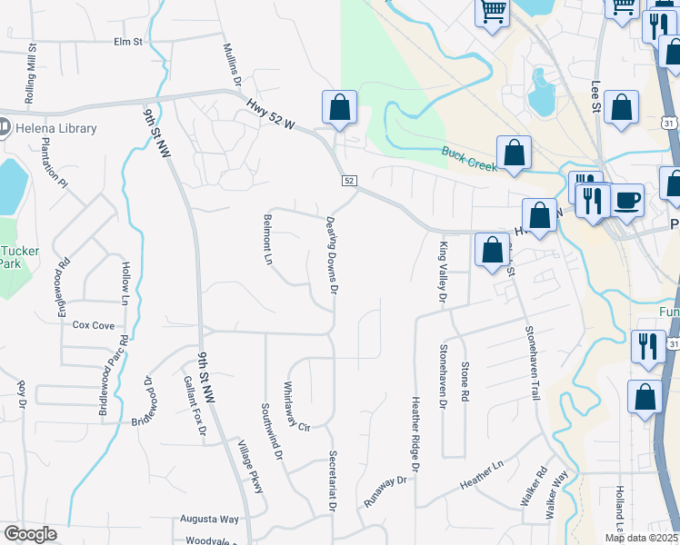 map of restaurants, bars, coffee shops, grocery stores, and more near 1138 Dearing Downs Drive in Helena