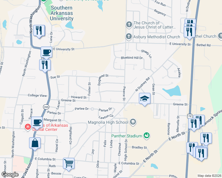 map of restaurants, bars, coffee shops, grocery stores, and more near 1027 Honeysuckle Road in Magnolia