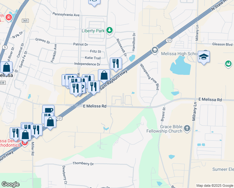 map of restaurants, bars, coffee shops, grocery stores, and more near 3227 Farm to Market Road 545 in Melissa