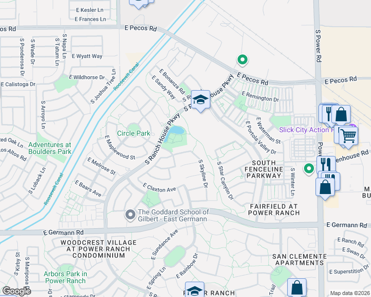 map of restaurants, bars, coffee shops, grocery stores, and more near 4269 East los Altos Road in Gilbert