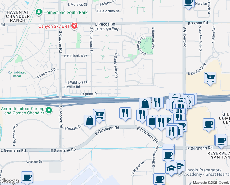 map of restaurants, bars, coffee shops, grocery stores, and more near 1562 South Danielson Way in Chandler