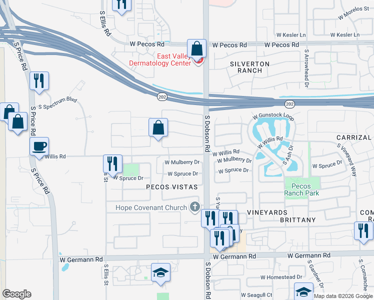 map of restaurants, bars, coffee shops, grocery stores, and more near 2089 West Wildhorse Drive in Chandler