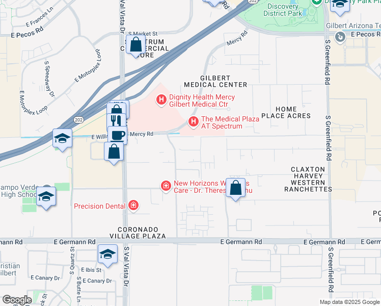 map of restaurants, bars, coffee shops, grocery stores, and more near 3675 South Rome Street in Gilbert