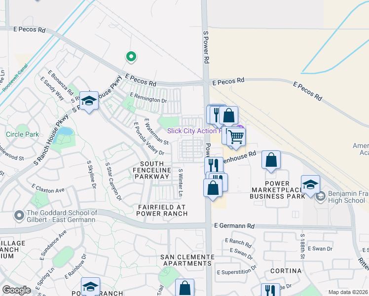 map of restaurants, bars, coffee shops, grocery stores, and more near 3708 South Winter Lane in Gilbert