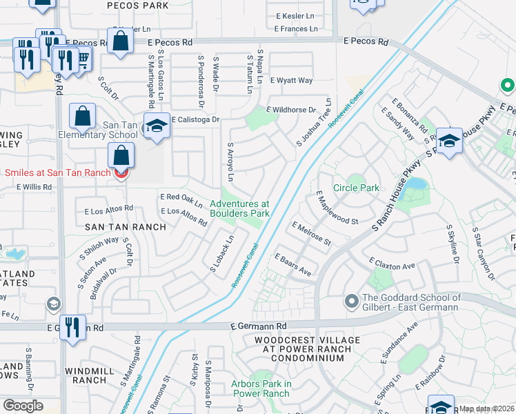 map of restaurants, bars, coffee shops, grocery stores, and more near 3687 South Joshua Tree Lane in Gilbert