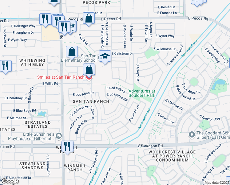map of restaurants, bars, coffee shops, grocery stores, and more near 3507 East Los Altos Road in Gilbert