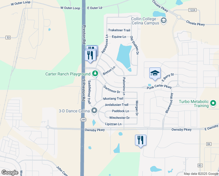 map of restaurants, bars, coffee shops, grocery stores, and more near 406 Dartmoor Drive in Celina