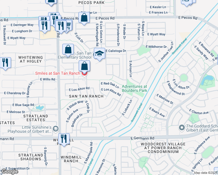 map of restaurants, bars, coffee shops, grocery stores, and more near 3507 East Los Altos Road in Gilbert