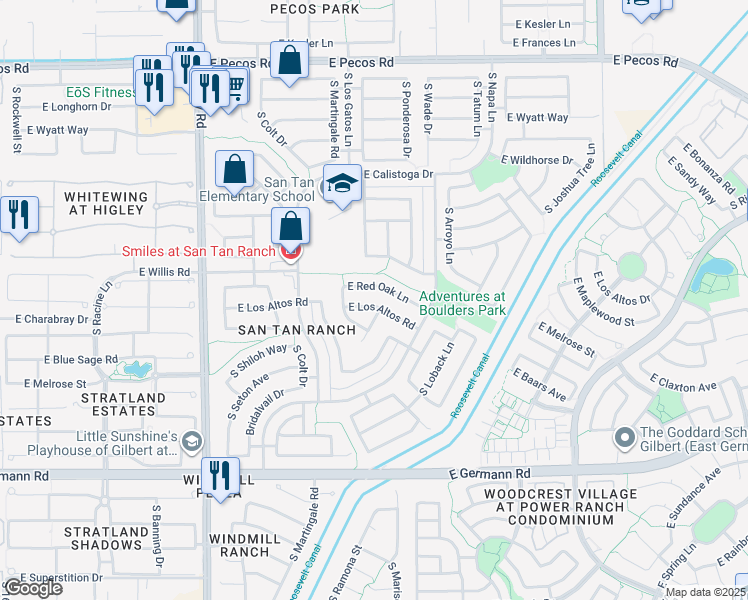 map of restaurants, bars, coffee shops, grocery stores, and more near 3507 East Los Altos Road in Gilbert