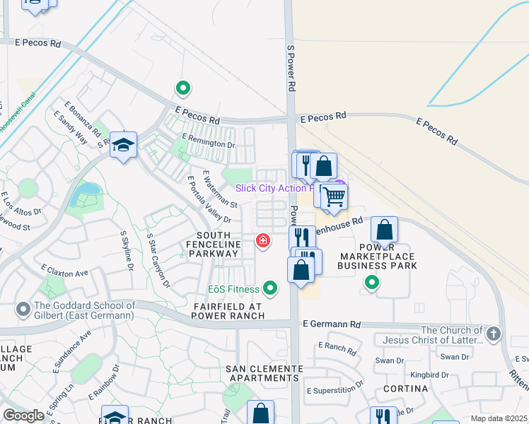 map of restaurants, bars, coffee shops, grocery stores, and more near 3708 South Winter Lane in Gilbert