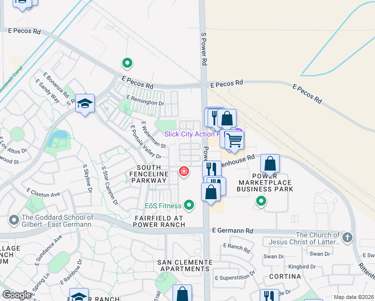 map of restaurants, bars, coffee shops, grocery stores, and more near 4731 East Thunderheart Trail in Gilbert