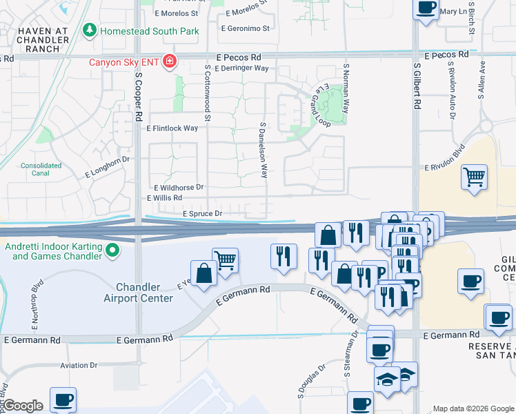 map of restaurants, bars, coffee shops, grocery stores, and more near 1530 South Danielson Way in Chandler
