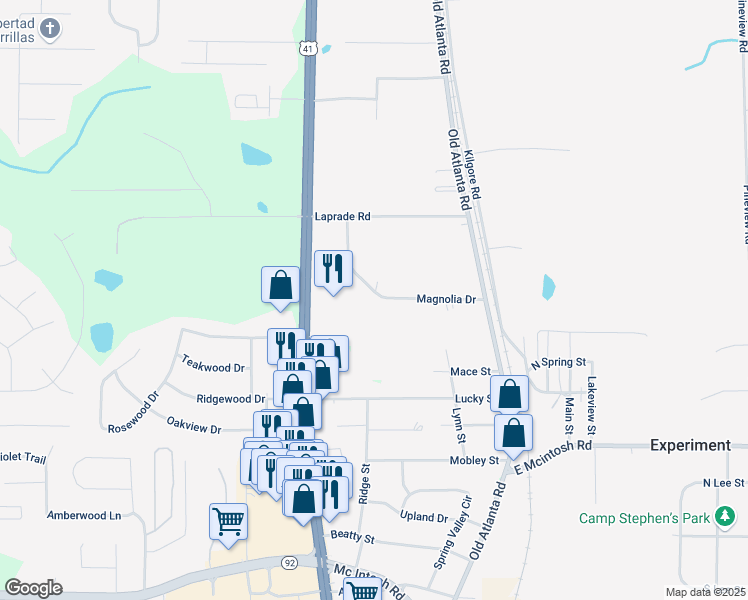 map of restaurants, bars, coffee shops, grocery stores, and more near 128 Magnolia Drive in Griffin