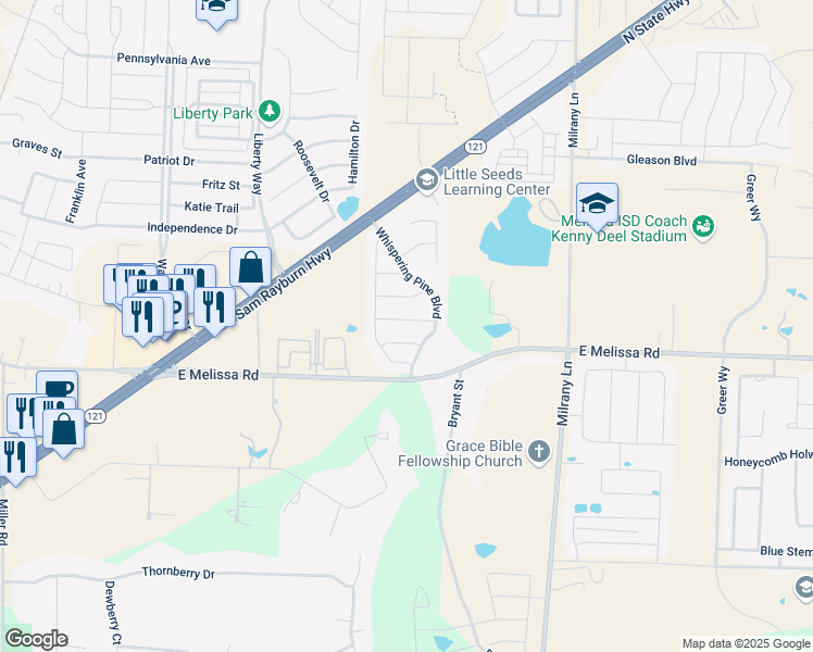 map of restaurants, bars, coffee shops, grocery stores, and more near 3012 Pinyon Place in Melissa