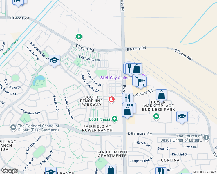 map of restaurants, bars, coffee shops, grocery stores, and more near 3708 South Winter Lane in Gilbert