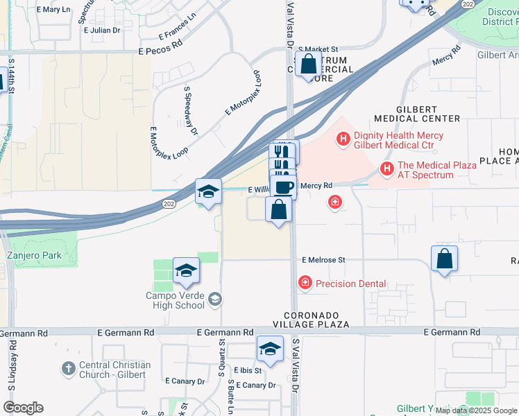 map of restaurants, bars, coffee shops, grocery stores, and more near 14694-14798 East Willis Road in Gilbert