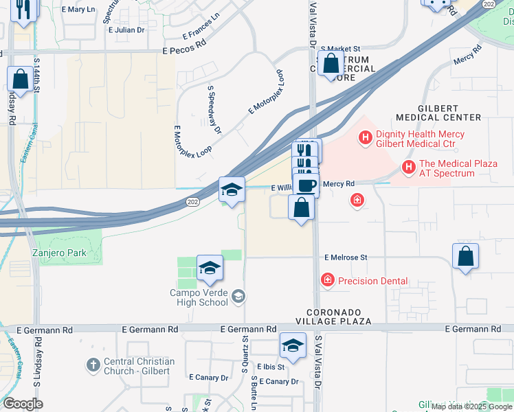 map of restaurants, bars, coffee shops, grocery stores, and more near 18255-18599 South Quartz Street in Gilbert