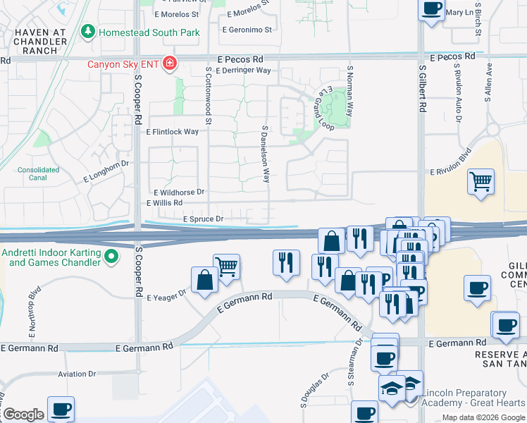 map of restaurants, bars, coffee shops, grocery stores, and more near 1562 South Danielson Way in Chandler