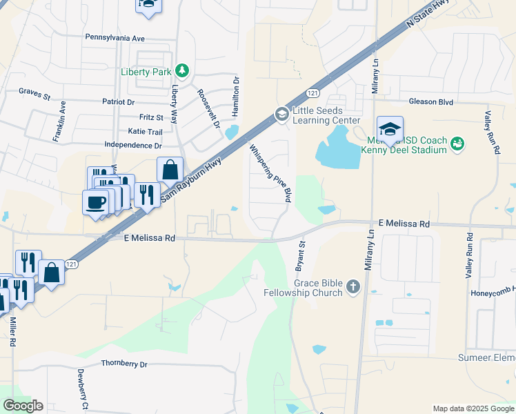 map of restaurants, bars, coffee shops, grocery stores, and more near 3003 Hickory Ridge in Melissa