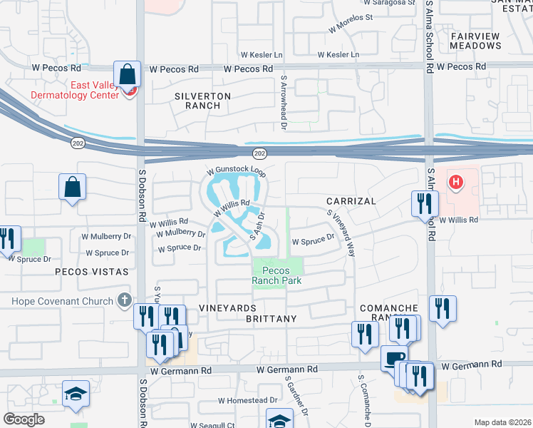 map of restaurants, bars, coffee shops, grocery stores, and more near 1619 South Sycamore Place in Chandler