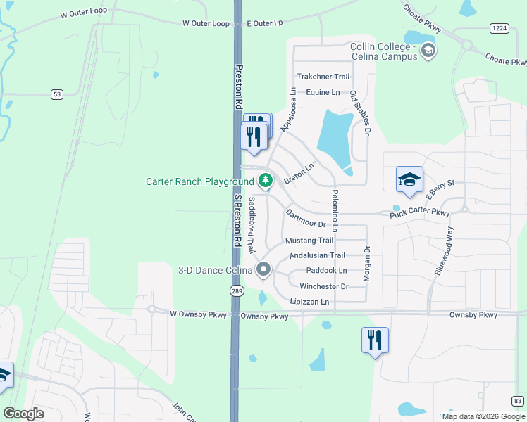 map of restaurants, bars, coffee shops, grocery stores, and more near 2809 Quarter Horse Lane in Celina