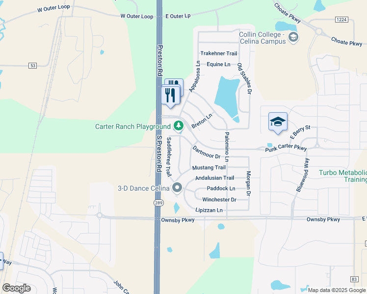 map of restaurants, bars, coffee shops, grocery stores, and more near 2816 Quarter Horse Lane in Celina