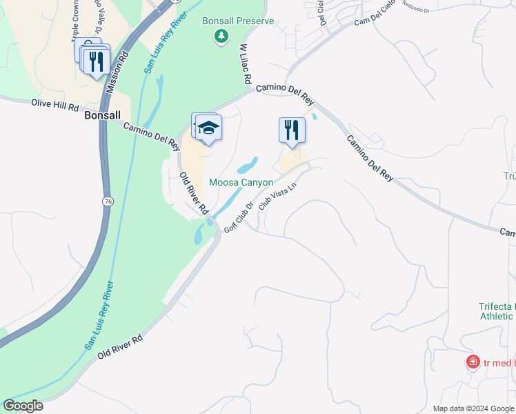 map of restaurants, bars, coffee shops, grocery stores, and more near 31338 Club Vista Lane in Bonsall