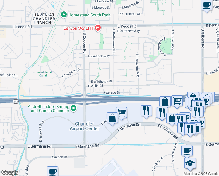 map of restaurants, bars, coffee shops, grocery stores, and more near 2158 East Spruce Drive in Chandler
