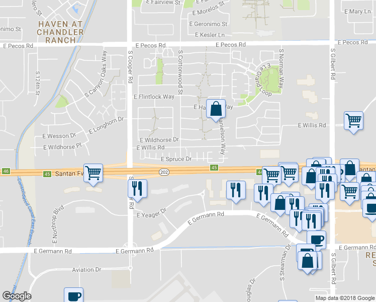map of restaurants, bars, coffee shops, grocery stores, and more near 2274 East Spruce Drive in Chandler