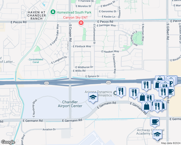 map of restaurants, bars, coffee shops, grocery stores, and more near 2158 East Spruce Drive in Chandler