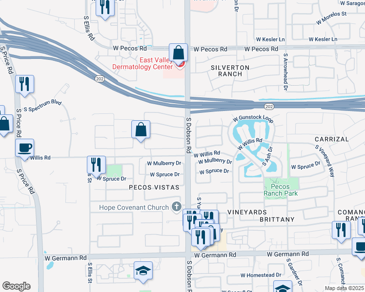 map of restaurants, bars, coffee shops, grocery stores, and more near in Chandler