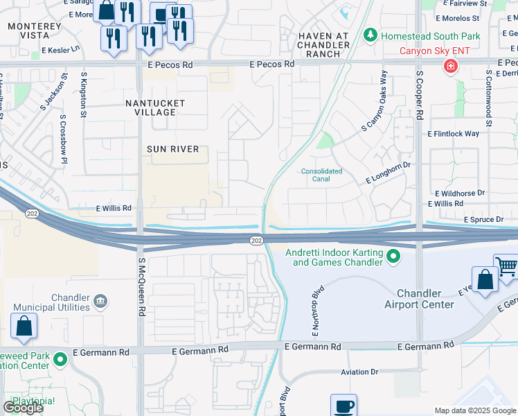 map of restaurants, bars, coffee shops, grocery stores, and more near 12339 East Willis Road in Chandler
